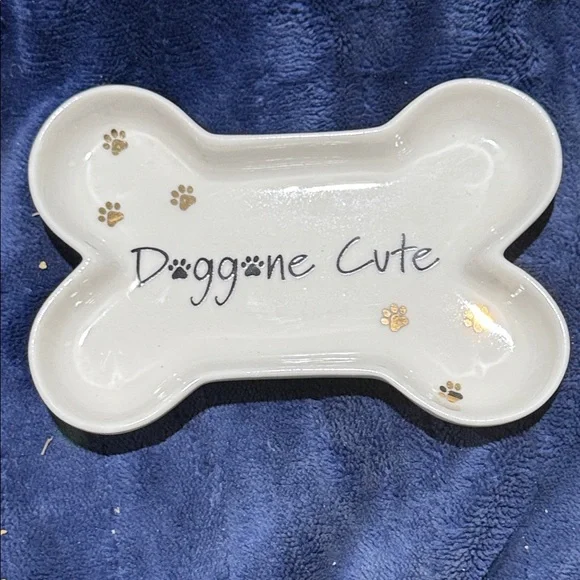 Doggone Cute Bone-Shaped Ceramic Dish - White with Gold Paw Prints - Picture 1 of 6